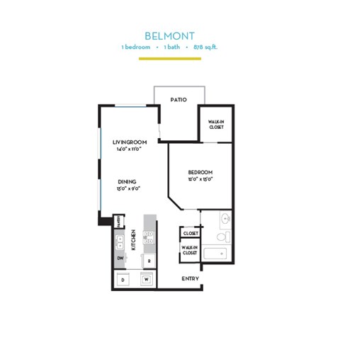 Floor plan for 1 bed, 1 bath, 794 sqft