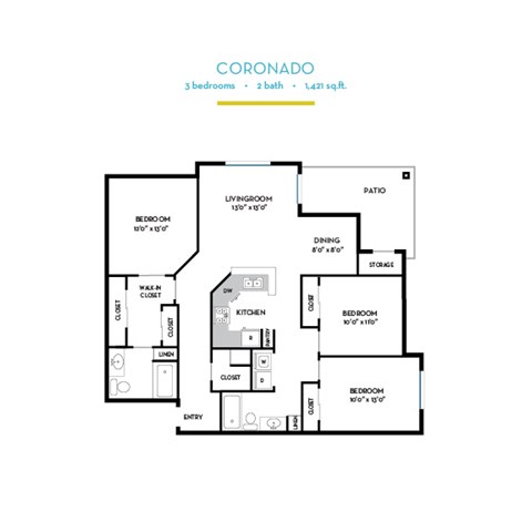 Floor plan for 3 beds, 2 baths, 1310 sqft