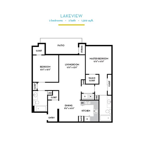 Floor plan for 2 beds, 2 baths, 1218 sqft