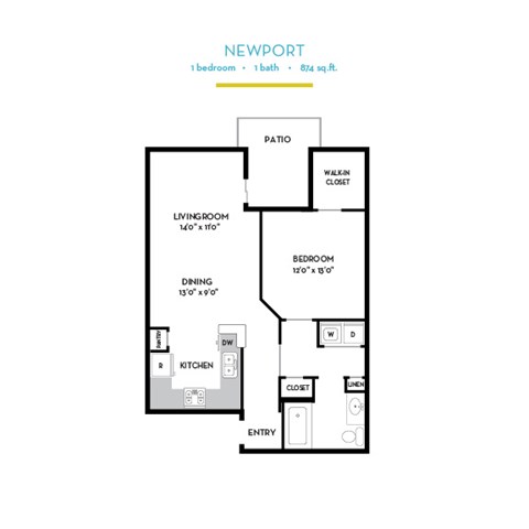 Floor plan for 1 bed, 1 bath, 814 sqft