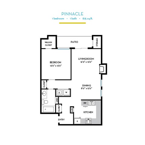 Floor plan for 1 bed, 1 bath, 784 sqft
