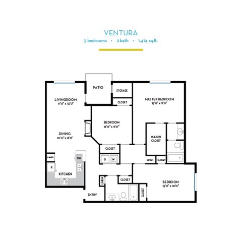 Floor plan for 3 beds, 2 baths, 1377 sqft