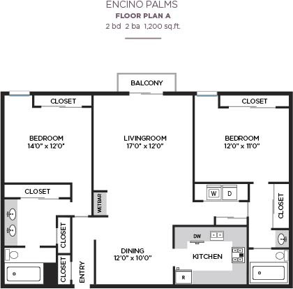 Floor plan for 2 beds, 2 baths, 1200 sqft