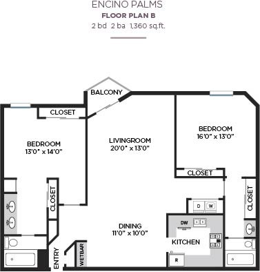 Floor plan for 2 beds, 2 baths, 1360 sqft