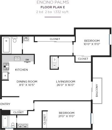 Floor plan for 2 beds, 2 baths, 1332 sqft