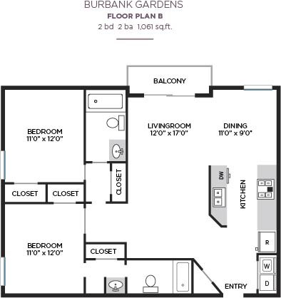 Floor plan for 2 beds, 2 baths, 1061 sqft