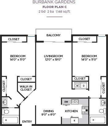 Floor plan for 2 beds, 2 baths, 1148 sqft