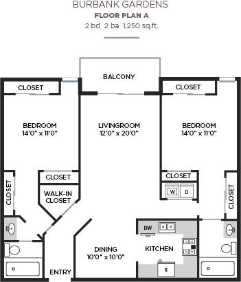 Floor plan for 2 beds, 2 baths, 1061 sqft