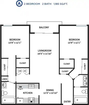 Floor plan for 2 beds, 2 baths, 1185 sqft