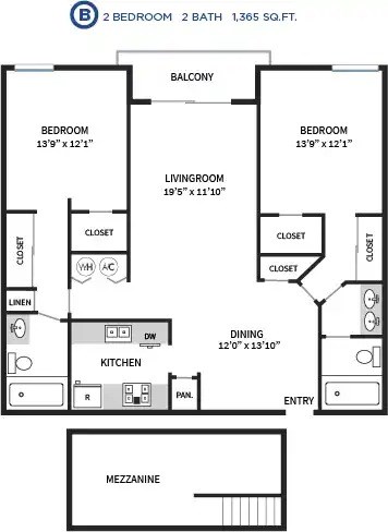 Floor plan for 2 beds, 2 baths, 1365 sqft
