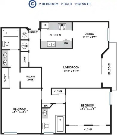 Floor plan for 2 beds, 2 baths, 1128 sqft
