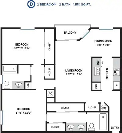 Floor plan for 2 beds, 2 baths, 1150 sqft