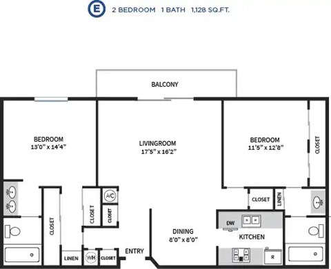 Floor plan for 2 beds, 2 baths, 1128 sqft
