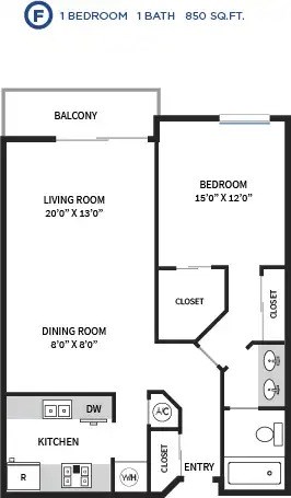 Floor plan for 1 bed, 1 bath, 837 sqft