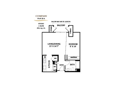 Floor plan for studio, 1 bath, 662 sqft