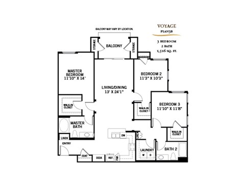 Floor plan for 3 beds, 2 baths, 1516 sqft