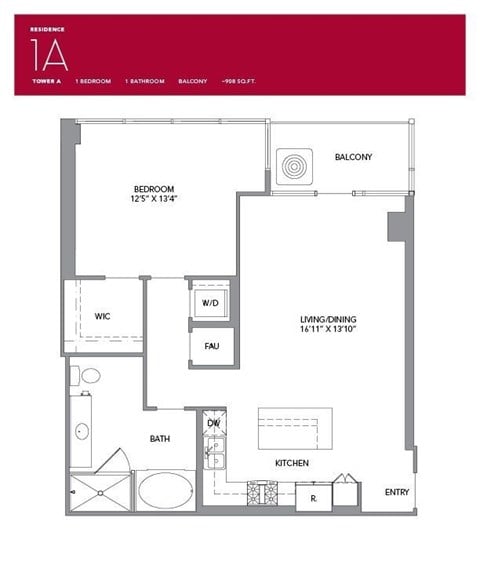 Floor plan for 1 bed, 1 bath, 908 sqft