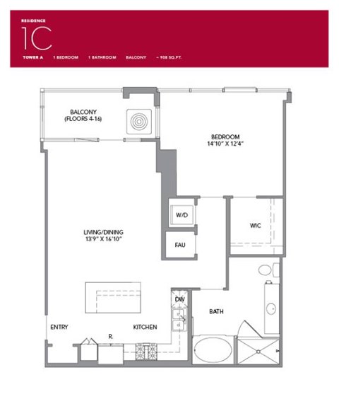 Floor plan for 1 bed, 1 bath, 908 sqft