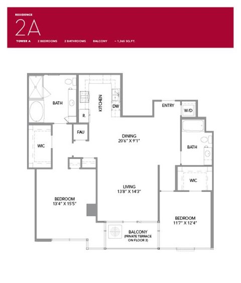 Floor plan for 2 beds, 2 baths, 1365 sqft