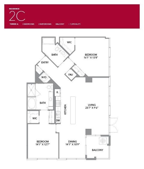 Floor plan for 2 beds, 2 baths, 1578 sqft