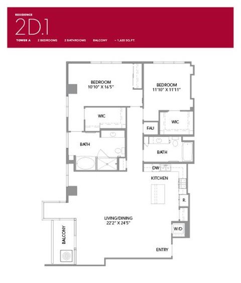 Floor plan for 2 beds, 2 baths, 1620 sqft