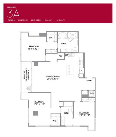 Floor plan for 3 beds, 2 baths, 1710 sqft