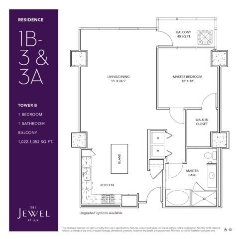 Floor plan for 1 bed, 1 bath, 1052 sqft