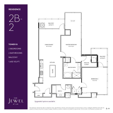 Floor plan for 2 beds, 2 baths, 1602 sqft