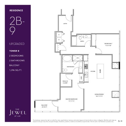Floor plan for 2 beds, 2 baths, 1396 sqft