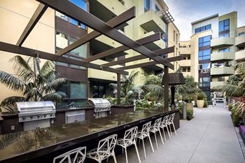 Outdoor kitchen and dining area with bbq grills
