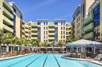 Lap pool courtyard with surrounding residential buildings