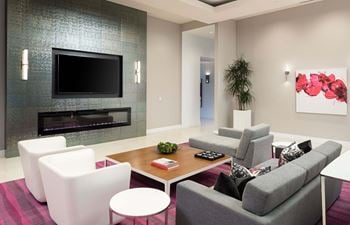Community lounge with fireplace and wall mounted television
