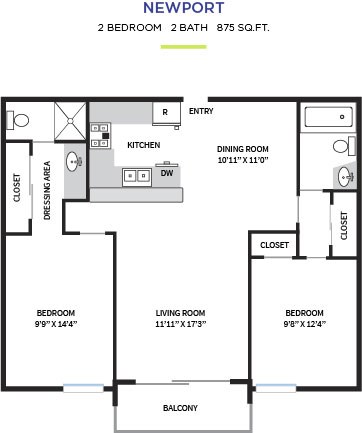 Floor plan for 2 beds, 2 baths, 875 sqft