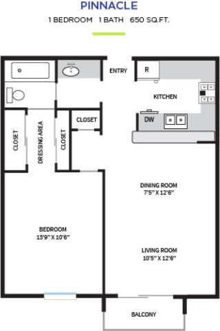 Floor plan for 1 bed, 1 bath, 650 sqft