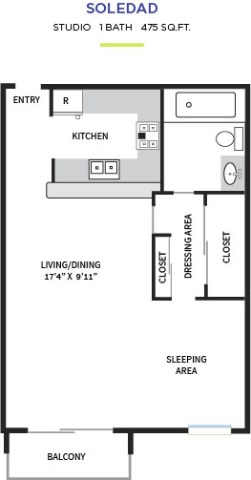 Floor plan for studio, 1 bath, 475 sqft