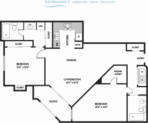 Floor plan for 2 beds, 2 baths, 1200 sqft