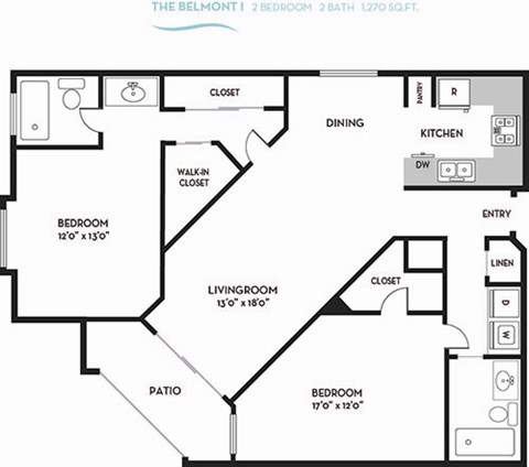 Floor plan for 2 beds, 2 baths, 1270 sqft