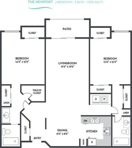 Floor plan for 2 beds, 2 baths, 1300 sqft