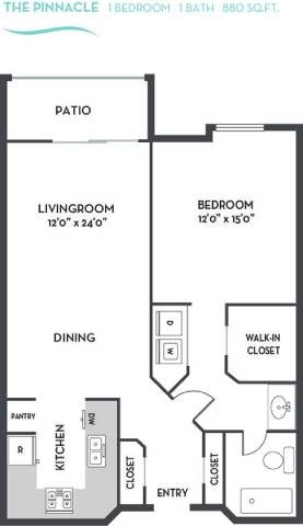 Floor plan for 1 bed, 1 bath, 880 sqft