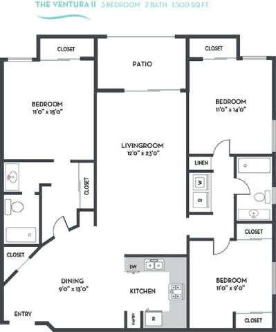 Floor plan for 3 beds, 2 baths, 1500 sqft