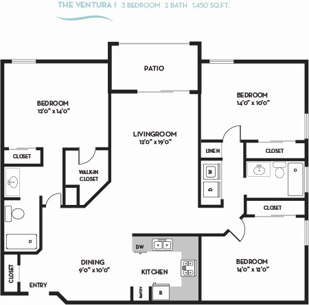 Floor plan for 3 beds, 2 baths, 1450 sqft