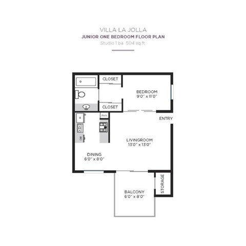 Floor plan for studio, 1 bath, 504 sqft