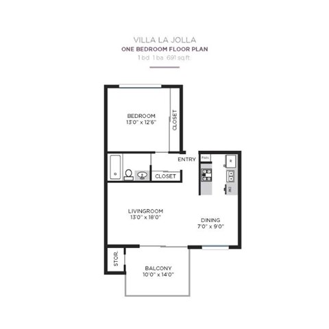 Floor plan for 1 bed, 1 bath, 691 sqft