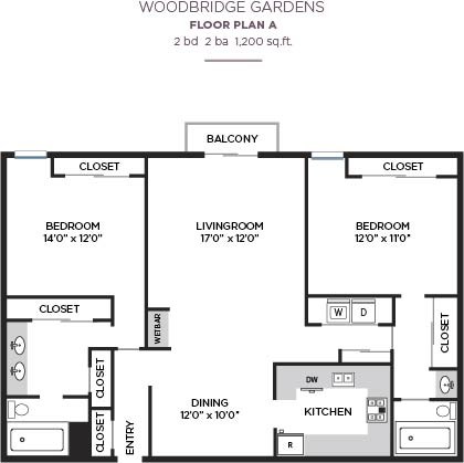 Floor plan for 2 beds, 2 baths, 1250 sqft