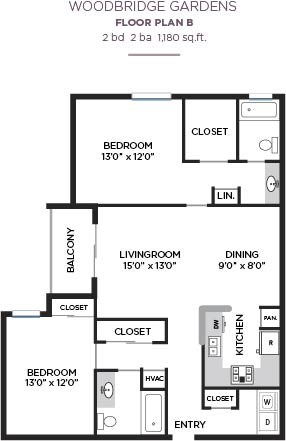 Floor plan for 2 beds, 2 baths, 1180 sqft