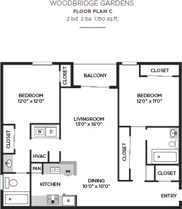 Floor plan for 2 beds, 2 baths, 1150 sqft