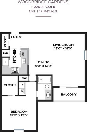 Floor plan for 1 bed, 1 bath, 842 sqft