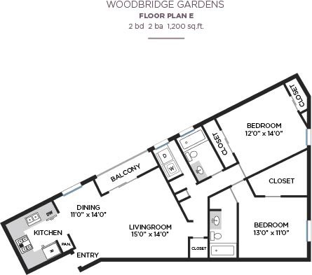 Floor plan for 2 beds, 2 baths, 1200 sqft