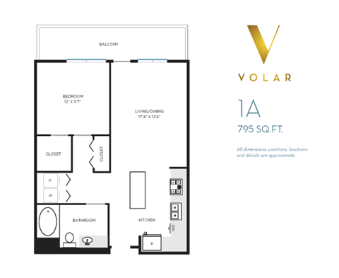Floor plan for 1 bed, 1 bath, 795 sqft