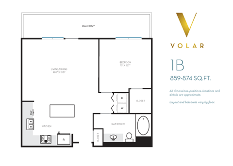 Floor plan for 1 bed, 1 bath, 874 sqft